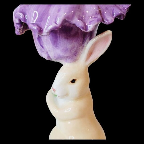 Set of 3 Magenta Seasonal Collection Ceramic Bunny Rabbit Candle Holder Flowers - Picture 6 of 15